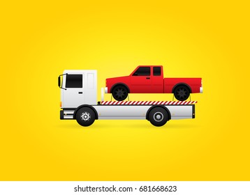Flatbed tow truck carries the assistance car. Vector illustration