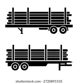 Flatbed Trailer Carrying Cargo Logs Side Profile Silhouette, Log Truck Transportation Vector Icon Set