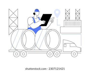 Flatbed truck abstract concept vector illustration. Worker stands near heavy flatbed truck, ground transportation, industrial freight distribution, logistics machine abstract metaphor.