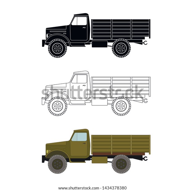 Flatbed truck, black and white and\
color, isolated on white background, vector\
illustration