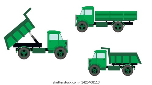 Flatbed truck and dump truck isolated on white background, vector illustration