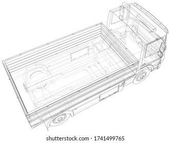 Flatbed truck illustration vector. Wire-frame line isolated. Vector rendering of 3d.