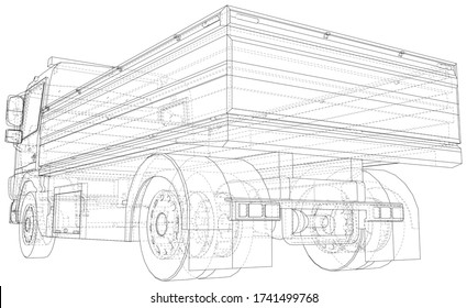 Flatbed truck illustration vector. Wire-frame line isolated. Vector rendering of 3d.