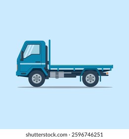 A flatbed truck, isolated on a plain background, designed for transporting oversized or heavy cargo with an open and spacious flat platform for easy loading and unloading.