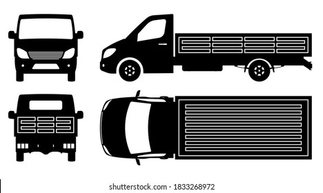 Flatbed truck silhouette on white background. Vehicle monochrome icons set view from side, front, back, and top