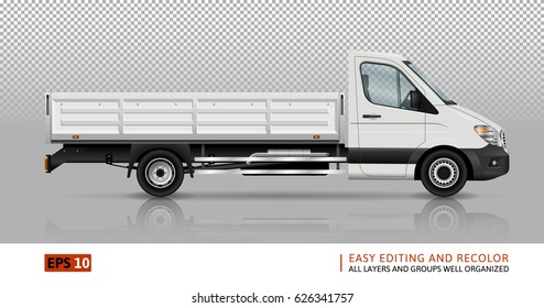 Flatbed truck template for car branding and advertising. Isolated lorry on transparent background. All layers and groups well organized for easy editing and recolor. View from right side.