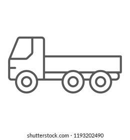 Flatbed truck thin line icon, automobile and cargo, car sign, vector graphics, a linear pattern on a white background, eps 10.