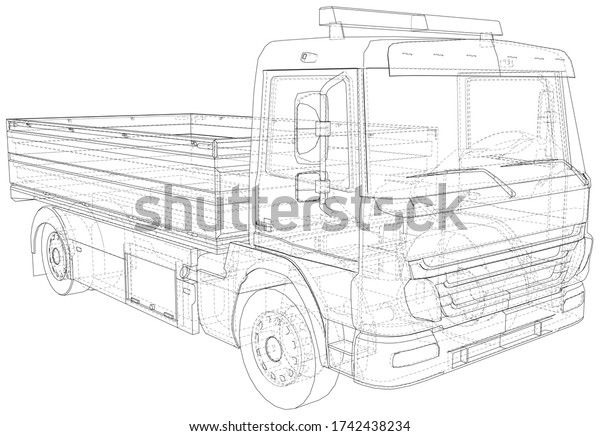 Flatbed truck vector. Isolated\
Wire-frame Truck. Wire-frame line isolated. Vector rendering of\
3d.