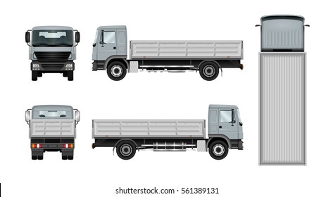 Flatbed truck vector template. Isolated lorry mock up on white background. The ability to easily change the color. All elements in the groups on separate layers. View from side, back, front and top.