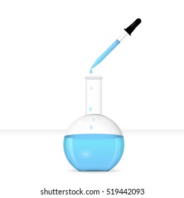 Flat-bottomed chemical flask with pipette on lab table, chemical lab glassware, 3d realistic vector illustration on white background, eps 10