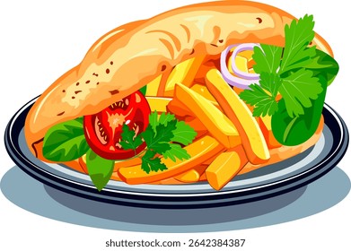 Flatbread with French fries, tomatoes and herbs