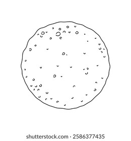 Flatbread, pancake, black and white, graphic, contour line illustration, hand-drawn, isolated, vector. A simple sketch of a round loaf, damn it. An element for decoration, design, label