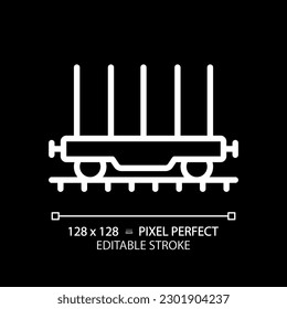 Flatcar Pixel perfekt weiß lineares Symbol für dunkles Thema. Güterzug Auto. Offene Plattform. Versandbehälter. Fahrzeuge. Dünne Illustration. Einzelnes Symbol für den Nachtmodus. Bearbeitbarer Hub