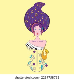 flat,contour illustration girl orchestra in color