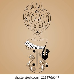 flat,contour illustration girl orchestra for cover design