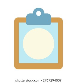A flatdesign clipboard with a blue clip and a light yellow circle on a light blue background