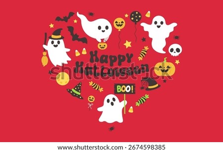 flatdesign hand drawn of Halloween Ghost Elements Set with Happy Halloween Text Pumpkin and Bat Vector Illustration