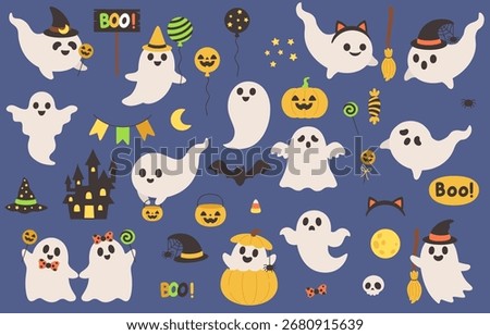 flatdesign hand drawn of Halloween Ghost Elements Set with Pumpkin Witch Hat and Spooky Castle Vector Illustration