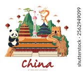 Flat-design illustration of Chinese culture and landmarks, including the Great Wall, Terracotta Warriors, Temple of Heaven, panda, traditional lanterns, Pearl Tower, Summer Palace, and a dragon.