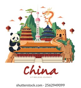 Flat-design illustration of Chinese culture and landmarks, including the Great Wall, Terracotta Warriors, Temple of Heaven, panda, traditional lanterns, Pearl Tower, Summer Palace, and a dragon.