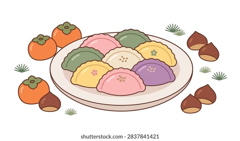 A flat-design vector graphic showcasing a white ceramic plate filled with multi-colored half-moon shaped songpyeon rice cakes in pastel pink, yellow, green, and purple. The plate is surrounded by fresh orange persimmons, brown chestnuts, and small green pine needle accents, all set against a clean, minimalist white background representing the Korean Chuseok harvest festival.