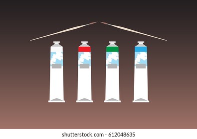 Flat-designed oil paints and brushes that stand like columns