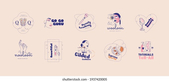 Flat-hand drawn beauty salon logo set