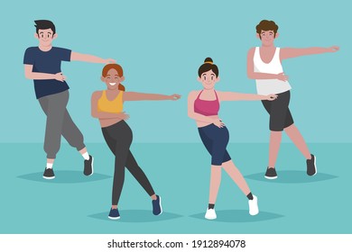 Flat-hand drawn dance fitness class illustration with people Vector illustration.