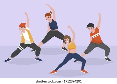 Flat-hand Drawn Dance Fitness Class Illustration With People Vector Illustration.