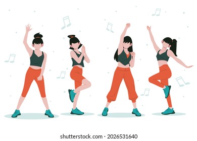 Flat-hand drawn dance people. Human group show activity.
Fun character celebrate. Many person company, male or female. 
Disco modern dancer. Background party music. Vector illustration.