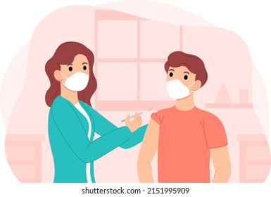 Flat-hand drawn doctor injecting vaccine to patient