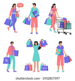 Flat-hand Drawn People Shopping On Sale Vector Illustration.