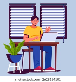 Flat-hand drawn Telecommuting concept with man