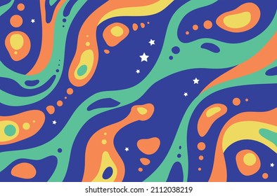 Flat-hand Drawn Wavy Multi Colored Groovy Background. Hand Drawn Psychedelic Groovy Background. Eps 10 Vector Illustration 