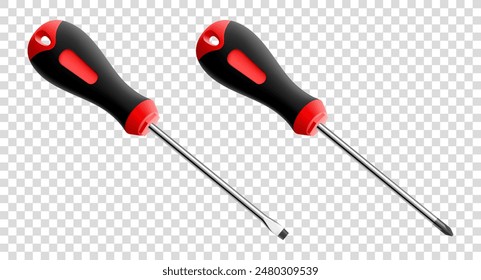 Flathead screwdriver and phillips screwdriver isolated on transparent background. Black and red long screwdrivers. Metal tool for Home Repairs and Mechanical Work. Realistic 3d vector illustration.