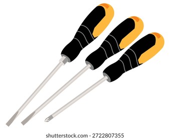 Destornillador de cabeza plana con mango amarillo y negro aislado, herramienta de mano de mantenimiento de Profesional para reparación casera, bricolaje y Vector de servicio técnico