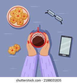 flatlay background, female hands holding a cup of hot chocolate, cookies, glasses and smart phone. Vector illustration.