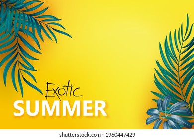 Flat-lay of blue green palm branches over yellow background, top view, copy space, wide composition. Summer vacation, travel or fashion concept. Vector