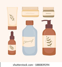 Flatlay composition with natural organic cosmetic products in bottles,tubes and jars for skin care. Skincare routine set. Flat vector illustration.
