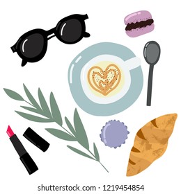 Flatlay, flat lay, top view, cup of coffee and croissant, lipstick, macarons, glasses