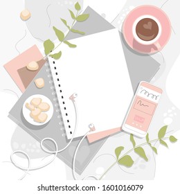 Flatlay frame in modern style, vector illustration. Business layout, office template in pink, white and green colors: coffee, diary, notebook.