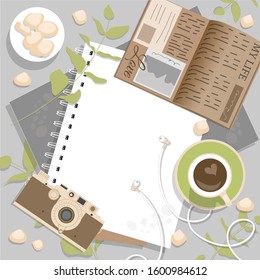 Flatlay frame in retro style, vector illustration. Business layout, office layout in brown and green colors: coffee, camera, diary, notebook.