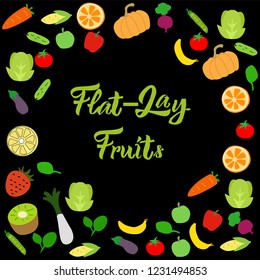 Flat-lay fruits on black background vector EPS10