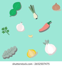 flat-lay illustration of fresh herbs and spices including basil, scallion, garlic, onion, chili, and cilantro on a pastel seamless background. Perfect for food blogs, recipes, or healthy lifestyle 