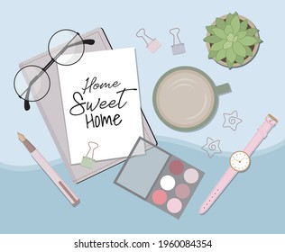 Flatlay Illustration with watch, succulent, notebook, eyeglass, coffee and eyeshadow