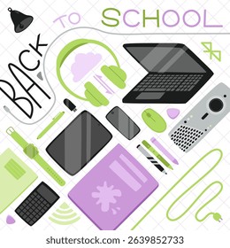 Flatlay with items for contemporary education - stationery and devices for learning: tablet, laptop, smartphone, headphones, projector, internet. Hand drawn text "back to school". Tools 4 school year.
