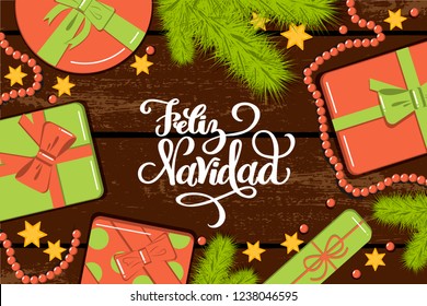 Flatlay mockup with fir, bright gift boxes with bow, beads and stars on rustic background with lettering Feliz Navidad (Merry Christmas in Spanish) greeting card, invitation, poster, banner