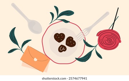 A flat-lay of a plate with heart-shaped candies, a spoon and a fork around it, along with a stylized red flower, an envelope, and green twigs, all on a flat surface for Valentine's Day decoration.