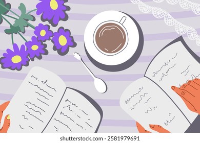 Flat-lay table with morning coffee or tea, books, flowers, lace. Breakfast time. Morning. Vector flat style illustration