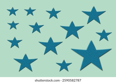 Flatlay with White and Blue Wooden Stars Sprinkled on a Blue Brocade Background. Funny Starry Party Layout.a bunch of wooden stars and one of them is highlighted in red. subject on blue background.